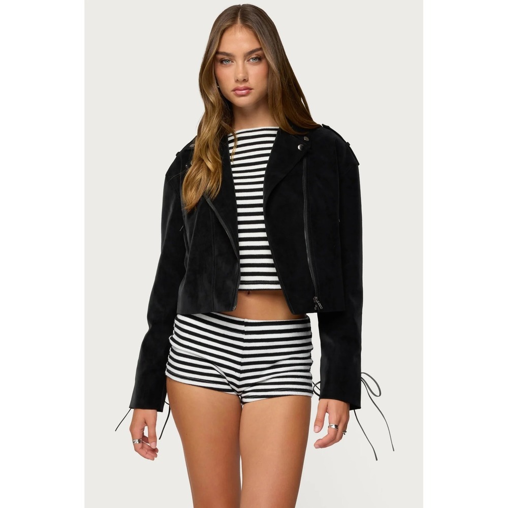 Edikted Moto Jacket Lace Up Cropped M Black Faux Leather Retail $198